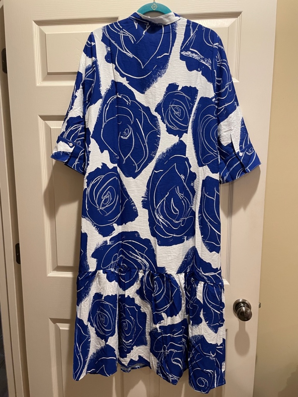 Blue & White Rose-Print Midi Dress with V-Neck by LILY SULLIVAN - Picture 6 of 6